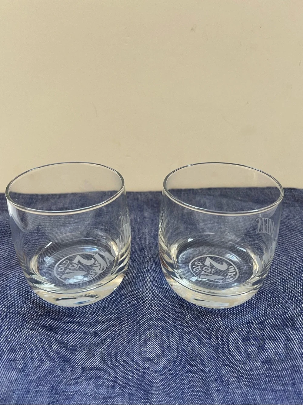 Jack Daniels Glasses Low Ball Old No. 7 Set of 2 Etched Clear Round Bottom